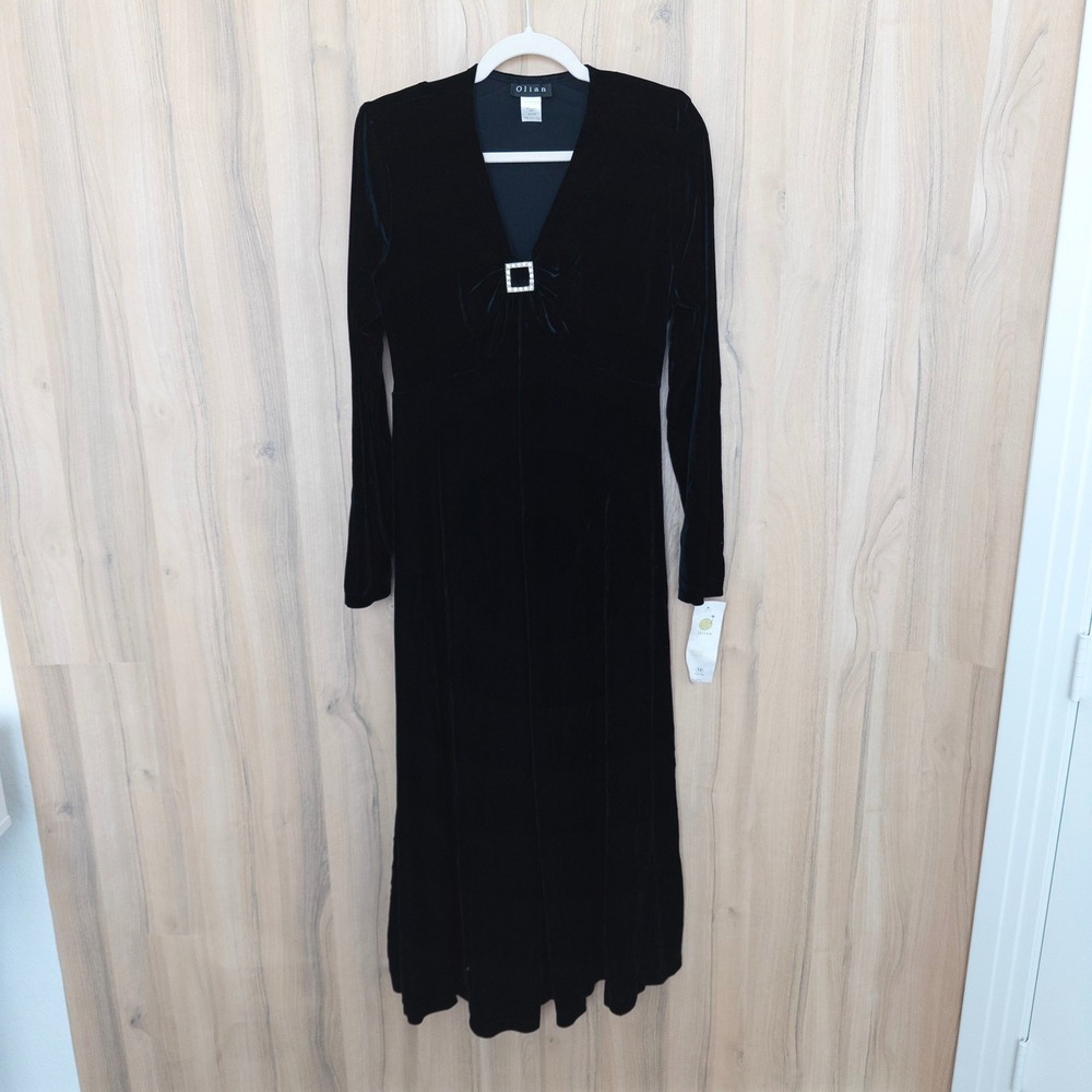 Vintage Olian Velvet Maxi Dress M Black Rhinestone Buckle Long Sleeve Whimisgoth